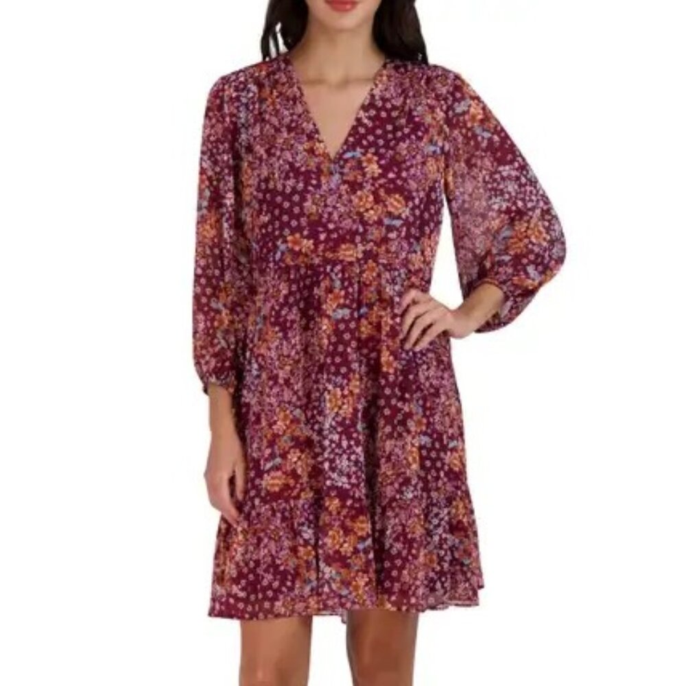 Sandra Darren Burgundy and Orange Floral Long Sleeve Dress